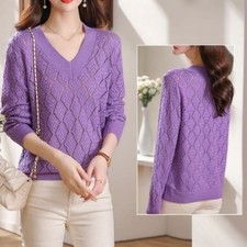 Lady Knitted Sweater Jumper V-neck Long Sleeve Hollow Out Pullover Tops Fashion