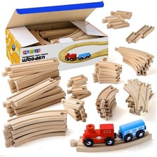 Play22 Wooden Train Tracks - 52 PCS 2 Bonus Car Toy Trains - for Kids is Co...