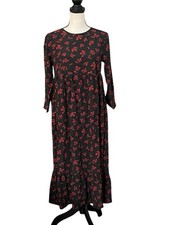 LOFT Dress Size XS Black Red Floral Prairie Midi Western Ruffle