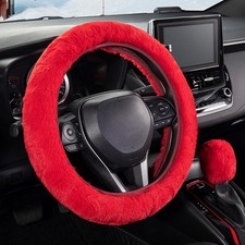 Furry Car Steering Wheel Cover with Fluffy Gear Shift Cover Soft Warm Non Red