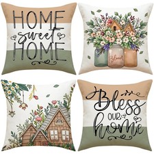 Farmhouse Floral Throw Pillow Cover - 18 x 18 Summer Garden Pillowcase - 4 Pa...