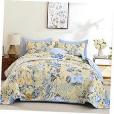 3 Pieces Quilt Set Size, Colorful Floral Reversible Queen Blue Yellow