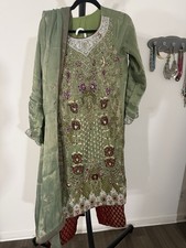 Pakistani Fancy Party Wear Green Embroidered Kameez Banarsi Shalwar Women