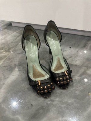 Sigerson Morrison Black Leather Studded Fringe Peep Toe D'Orsay Heels Size 8.5