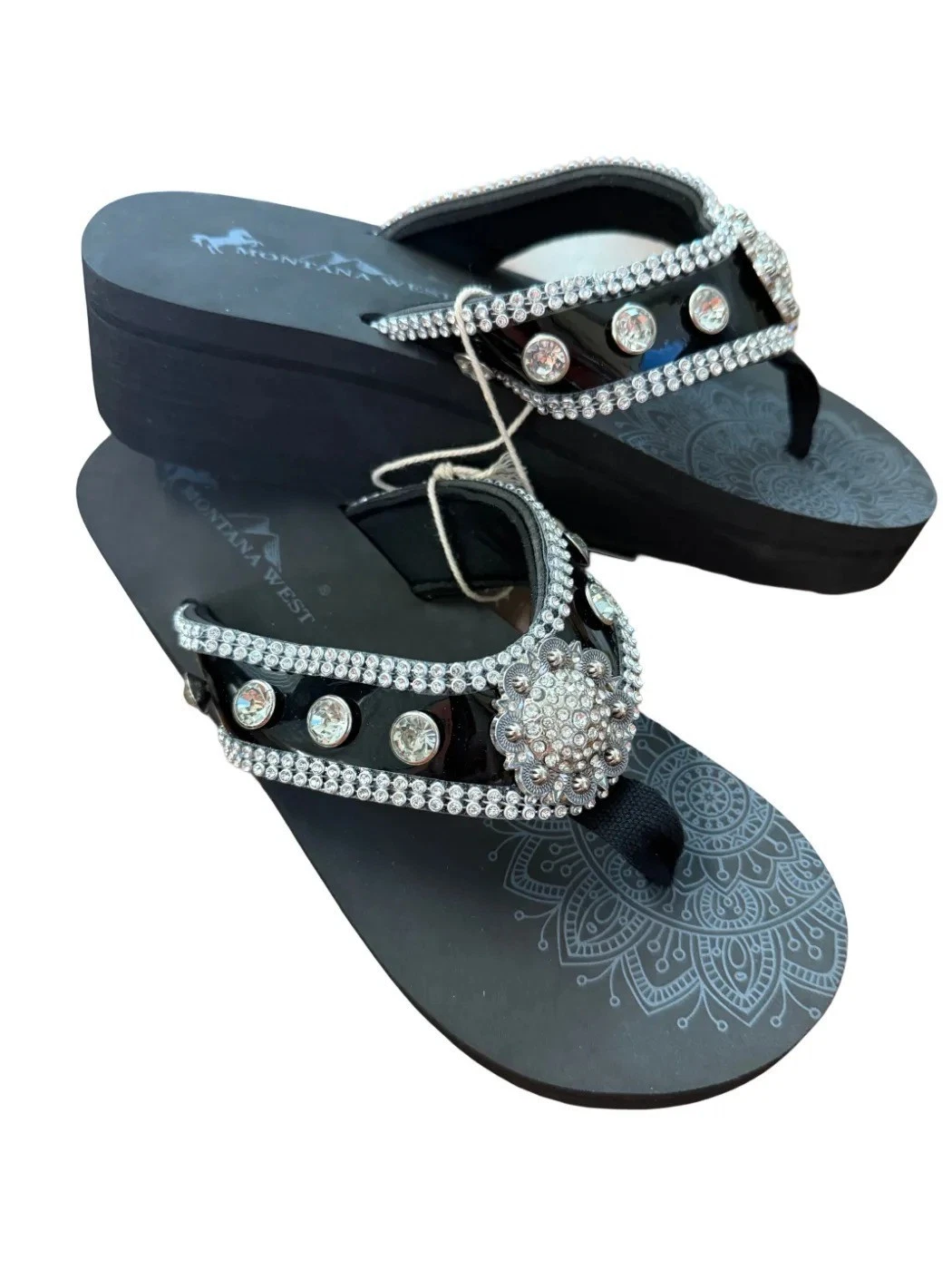 Montana West Brown Flip Flops with Black Straps Rhinestone Studs and Concho NIB