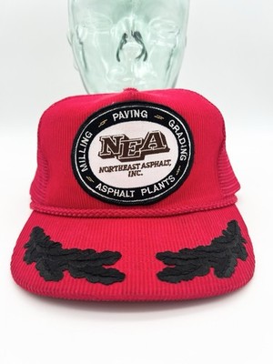 Vintage 90s NEA Northeast Asphalt Trucker Hat Red Corduroy Mesh Snapback