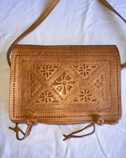 Brown Leather Boho Shoulder Bag with Tooled Design for Casual Everyday Use