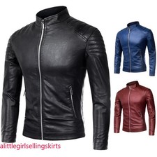 Mens Casual Stand Collar Slim Fit Faux Leather Jacket PU Biker Motorcycle Coats