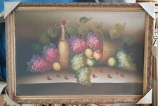 Fruit and flower painting - hand-painted - oil on canvas - gold frame 68x98 cm