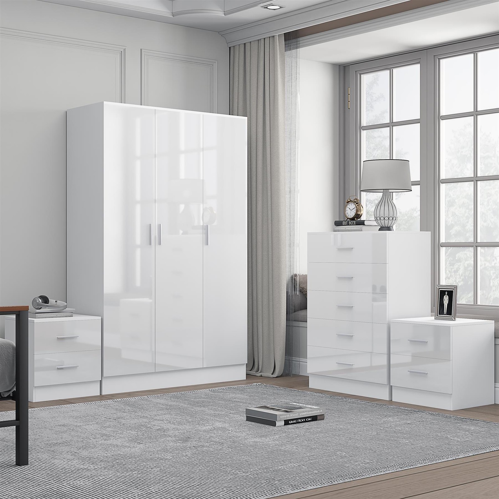 REFLECT Furniture - 3dr Plain Wardrobe + Chest + 2 Bedsides - White/White - Image 4