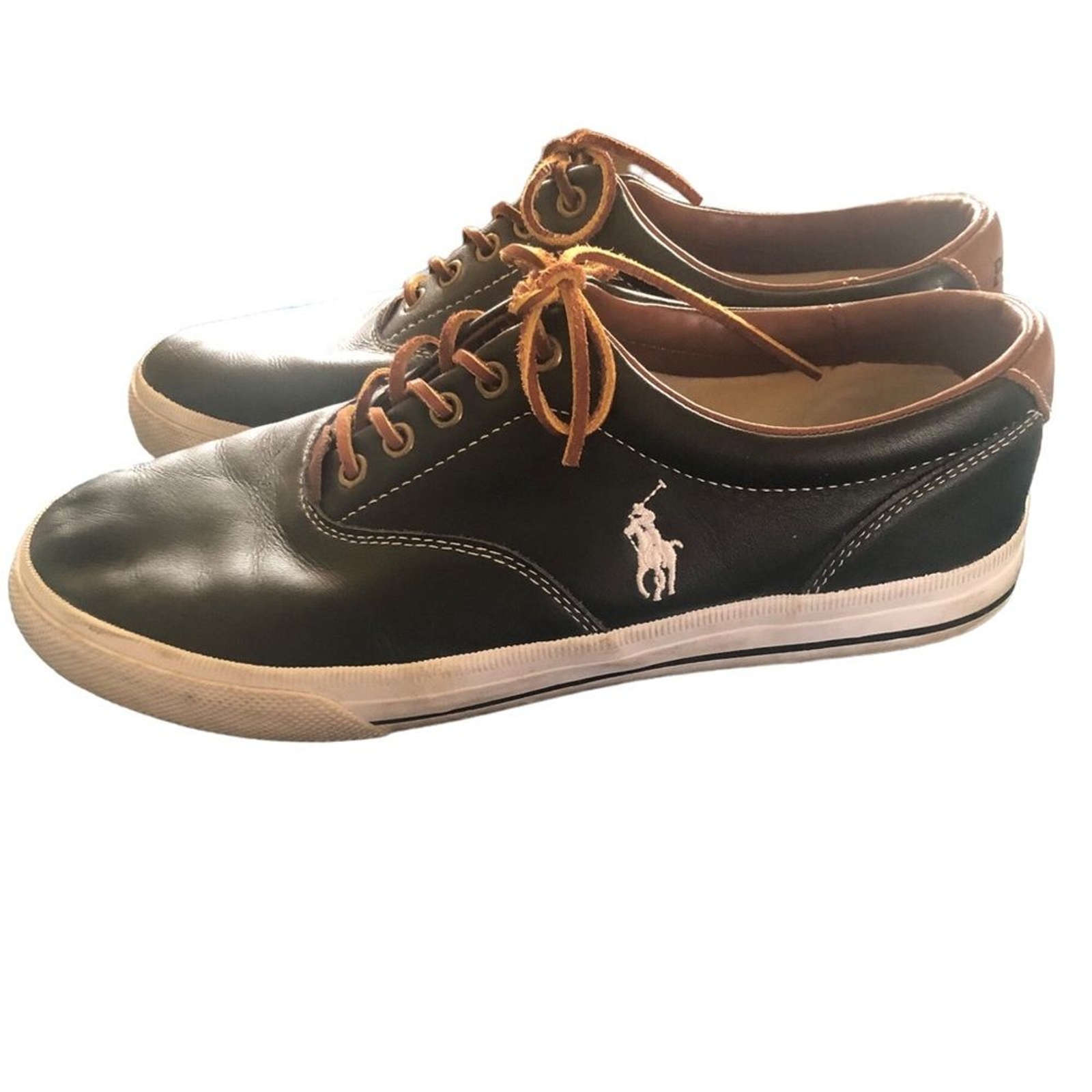 Polo By Ralph Lauren Vaughn 10D Nero Marrone Pelle Sneaker Stringate Pony Sportive