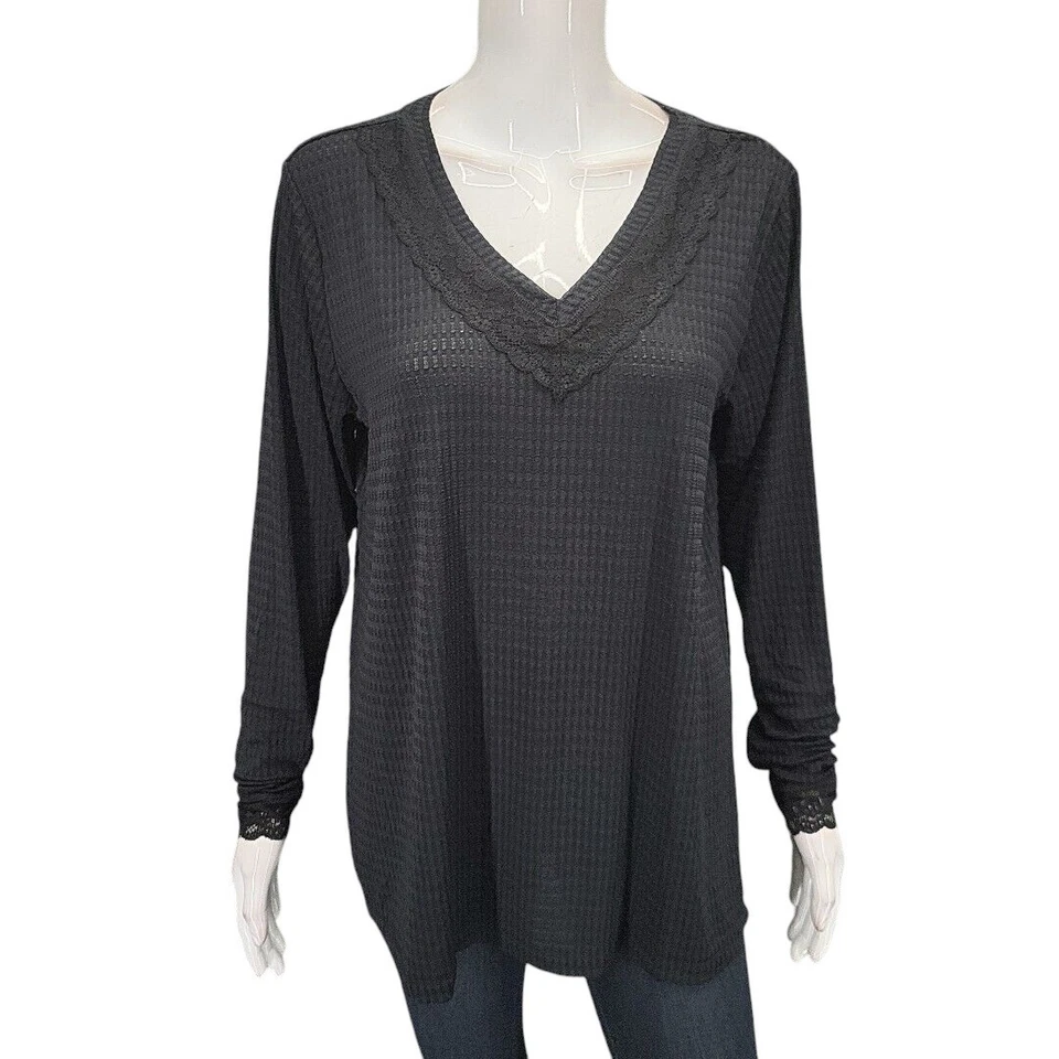 LOGO Capas por Lori Goldstein Cuello en V Malla Gofre Top Encaje Talla Grande Negro