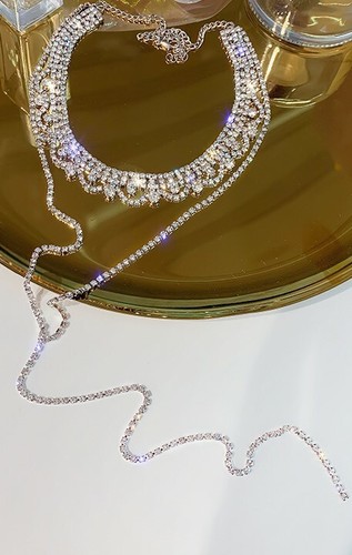 Choker Collar Layered Necklace Zircon Rhinestone Crystal Adjustable Silver Gothy - Picture 4 of 4