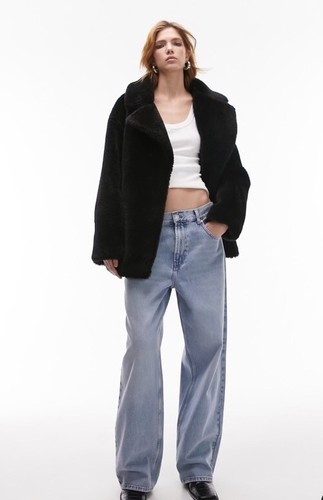 TOPSHOP Black Faux Fur Borg Coat Mid-Length Notch Collar Pockets Women Size 0-2 - Picture 14 of 14