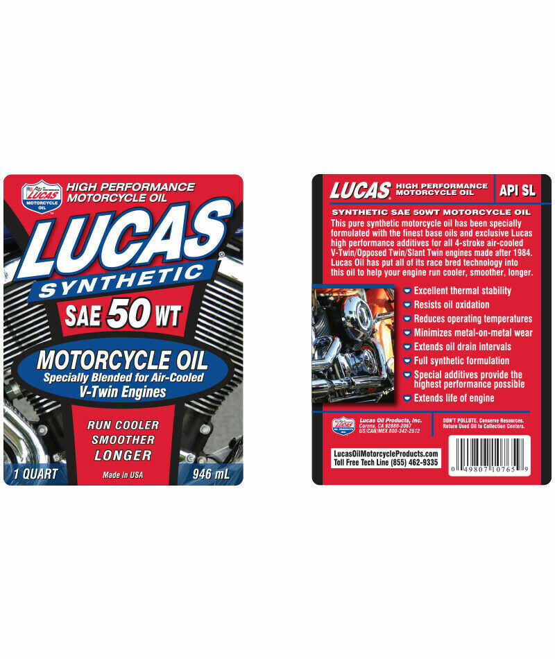 LUCAS OIL SYNTHETIC 50W V-TWIN MOTORCYCLE ENGINE 10765 (4 QT) MADE IN USA