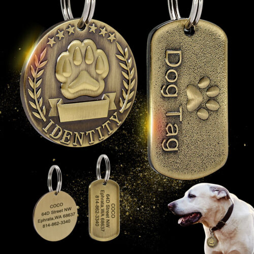 Brass Dog Tag Military/Round Personalised Custom Pet Name ID Engraved for Collar - Picture 1 of 14