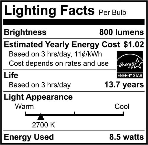 Euri Lighting LED A19, Warm White 2700K, 8.5W, 800lm Medium Base E26 Pack of 24 - Picture 6 of 7