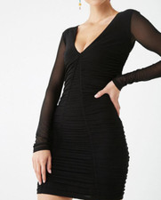 FOREVER 21 BLACK MESH RUCHED LONG SLEEVE DRESS SIZE SMALL. NEW WITH TAG
