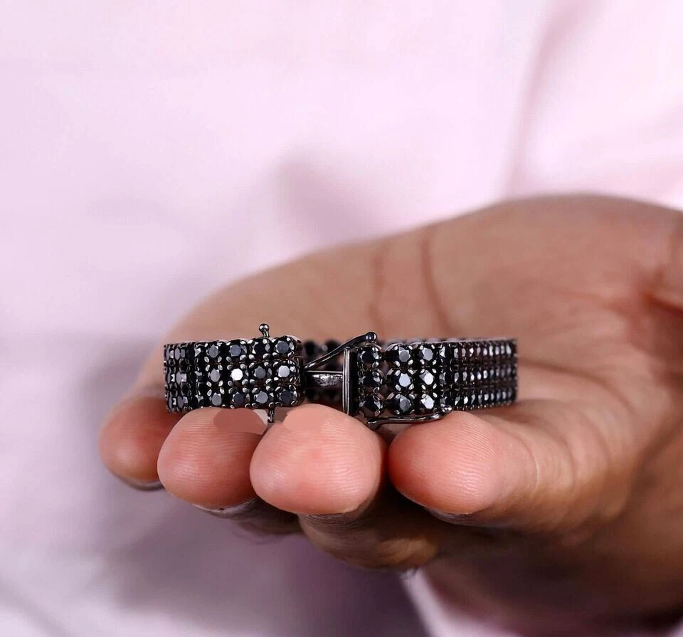 Único brazalete de 3 filas para hombre 15,0 quilates diamante negro simulado plata de ley real Foto 4 de 4
