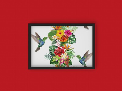 Exotische Blumen und Kolibris A4 Poster Druck Deko Geschenk Wandbild