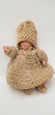 ANTIQUE 5" CELLULOID JOINTED DOLLHOUSE DOLL W/ ANTIQUE CROCHET LAYETTE OUTFIT