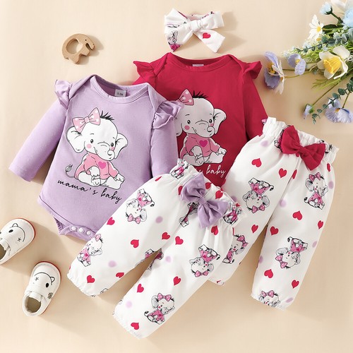 3PCS Newborn Baby Girls Elephant Romper Tops Pants Headband Outfit Set Clothes - Picture 13 of 17