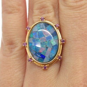 Authentic 925 Sterling Silver Gold Plated Real Opal Inlay & Amethyst Ring Size 6