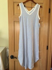 New Time And Tru Women Blue/White Stripe Shirttail Dress Double V-Neck
