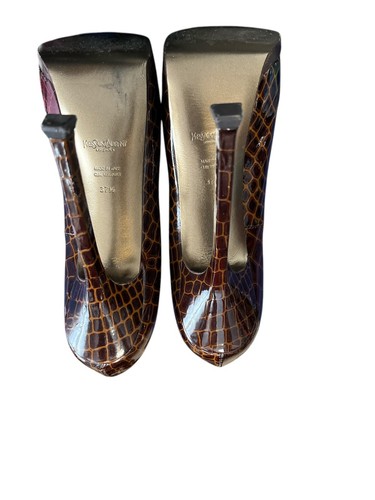 YSL Yves Saint Laurent Brown Patent Tribtoo Platform Pumps Womens Size 37.5 - Picture 6 of 7