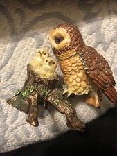 3" Metal OWL Owlets Trinket Box Jeweled Baby Owls Tree Branch Gold Details