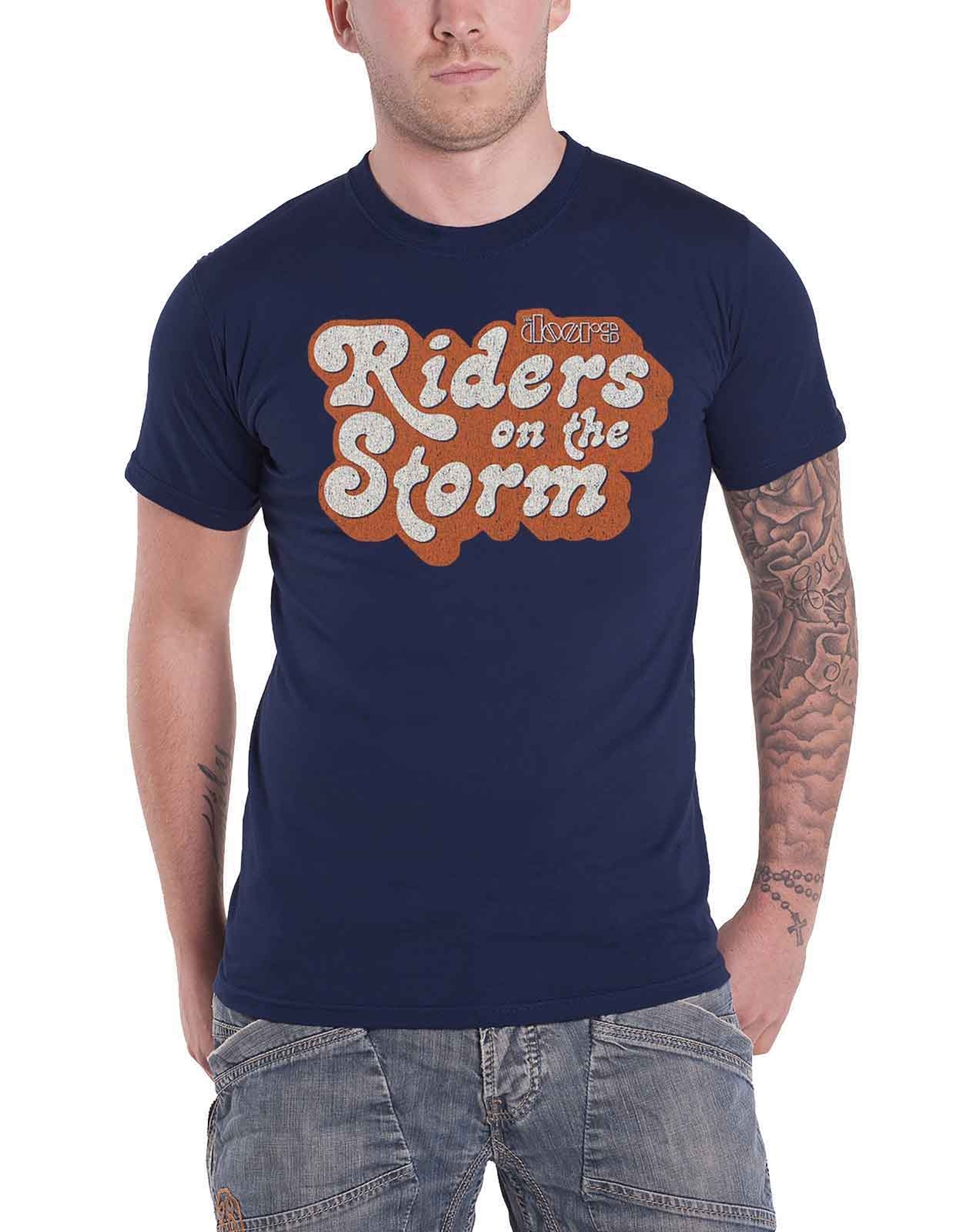 The Doors T-Shirt Riders On The Storm Band Logo Navy Blue Official Mens Size