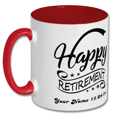 Personalisierter Kaffeebecher Happy Retirement Geschenk mit Namen und Datum, 5 Farben