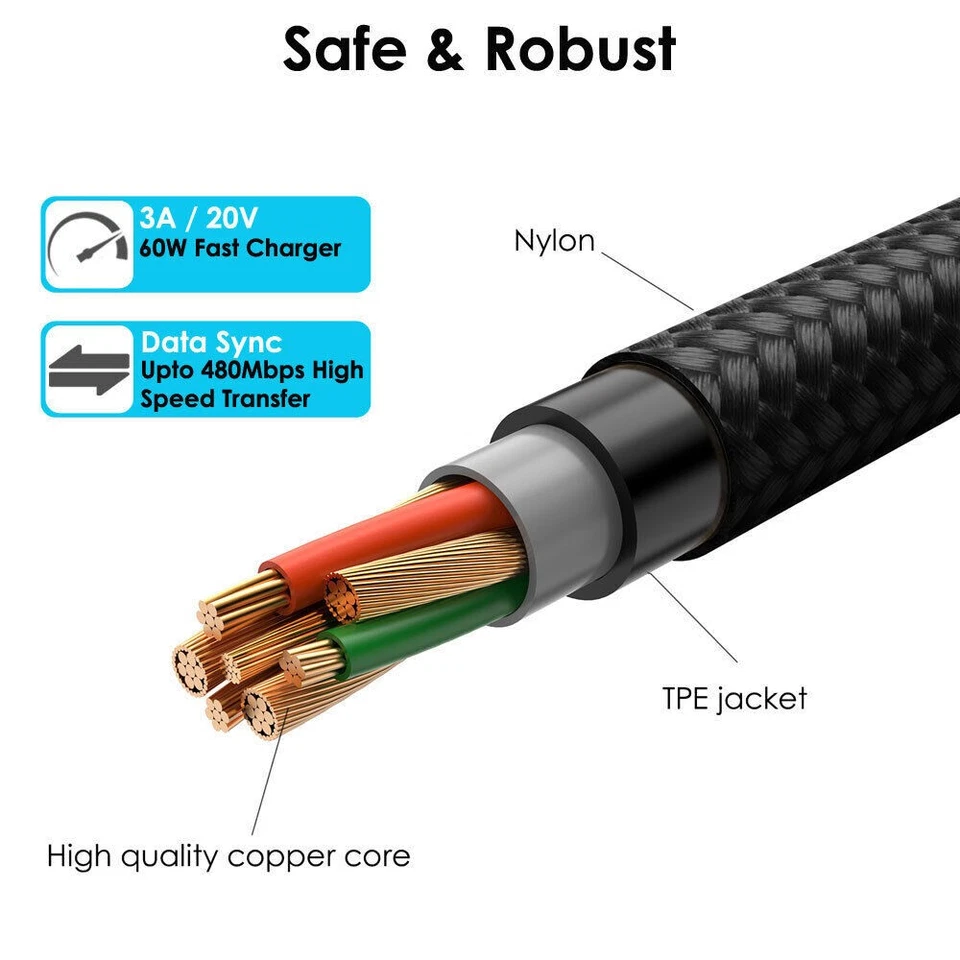 USB Type C to USB C Strong Braided Data & Fast Charger Charging Cable Power Lead - Image 4 of 4