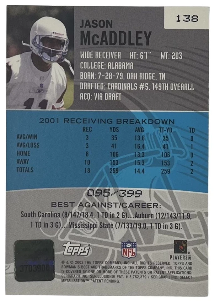 2002 Bowman's Best #138 Jason McAddley RC Arizona Cardinals - Image 2 of 2