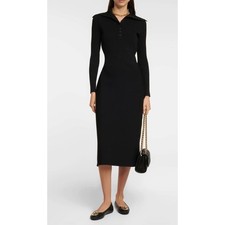 TORY BURCH Knit Midi Dress Black Button Collar Ribbed Waist Women's Size Large