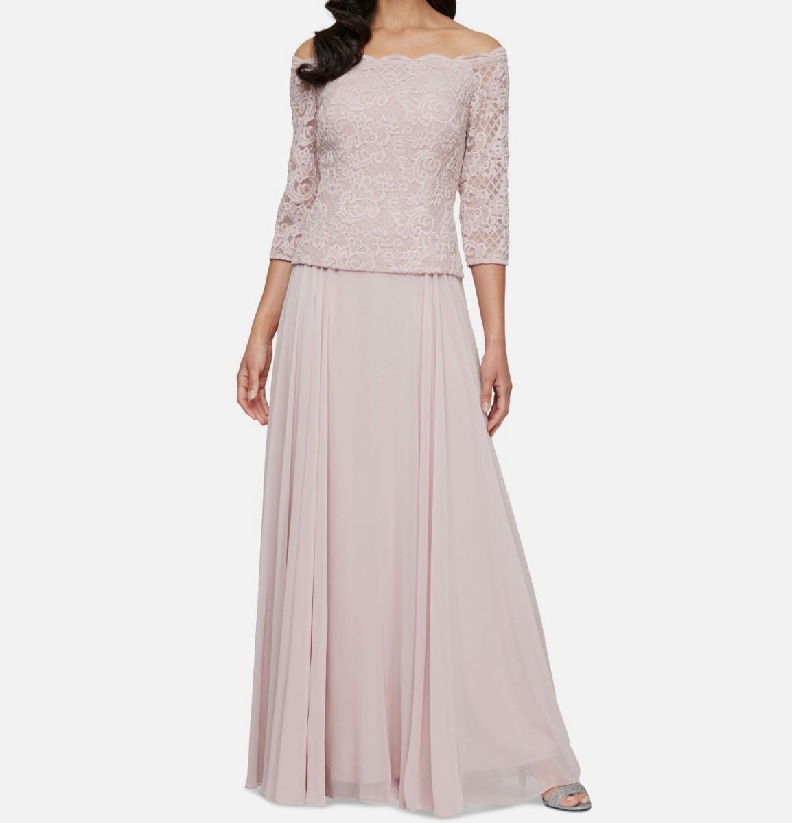 Alex Evenings Petite Lace Top Off-The-Shoulder Gown - Blush - Size 14P Alex Evenings Petite Lace Top Off-The-Shoulder Gown - Blush - Size 14P