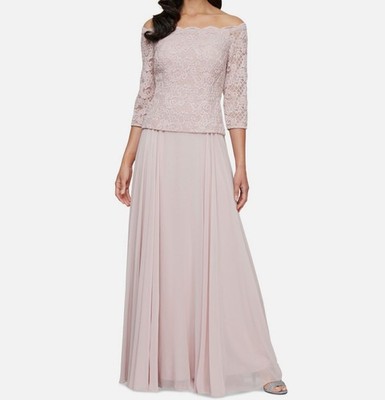 alex evening dresses petite sizes Evenings Lace Top Off-The-Shoulder Gown - Blush This petite gown features an illusion neckline and cap sleeves Alex Evenings Petite Joanna Sweetheart