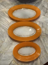 Duralex, France. Set of  Three art glass Oval Plates Orange/white 1970s