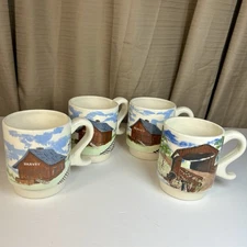 Barn & Covered Bridge Design Hand Painted & Made Signed-Stackable Coffee Cups(4)