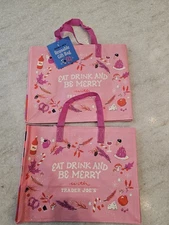 2 Trader Joe's Christmas Holiday Pink Reusable Gift Bag Eat Drink and Be Merry