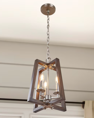 New Progress Lighting Pendant 3 Light Forrester Teak Wood Satin Nickel Lantern - Picture 2 of 5