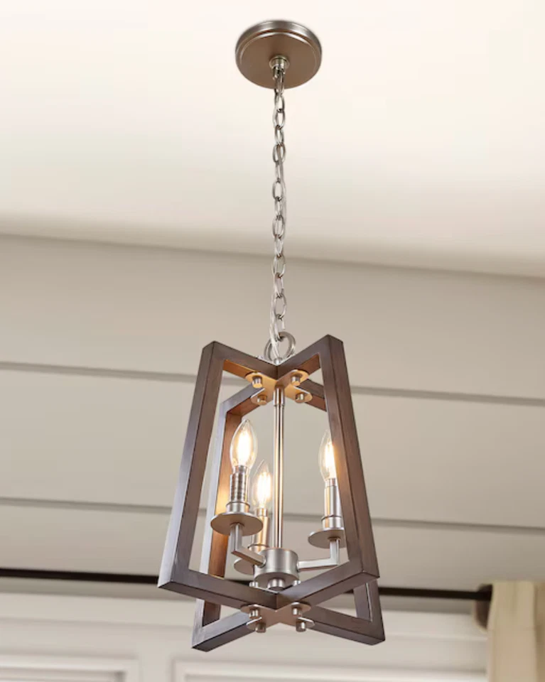 Nuevo colgante de iluminación Progress 3 luces Forrester madera de teca linterna de níquel satinado Foto 2 de 4