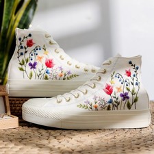Custom Converse Platform Shoes Floral Embroidered Bridal Sneakers White