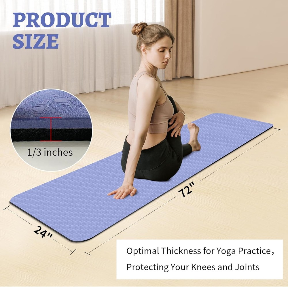 Premium 1/3" Thick TPE Non-Slip Yoga Mat 72x24 for Fitness & Exercise