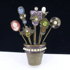 SWEET ROMANCE THIMBLE STICK PIN RHINESTONE ENAMEL MISSING PIECE OF ENAMEL