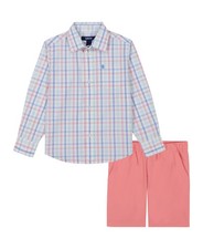 Boys' 2-Piece Short Set, Short Sleeve Collared Button-Down Shirt, and Twill S...