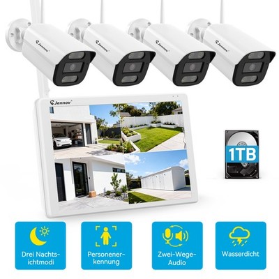 JENNOV Überwachungskamera Set Außen Mit Monitor WLAN IP Camera 5MP 10''1TB Audio