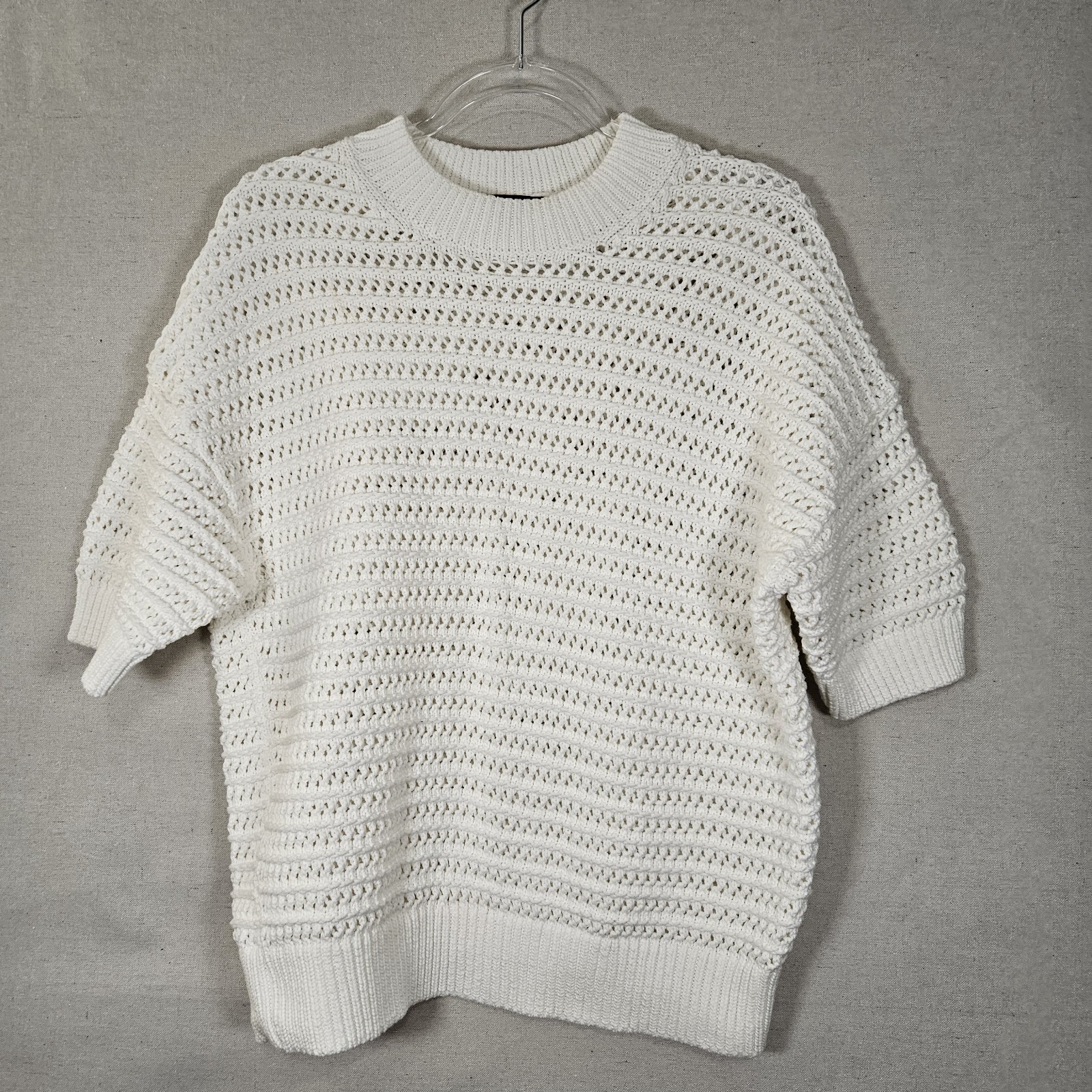 Ann Taylor Women's XL White Chunk Open Knit Sweater Short Sleeve Cotton Blend