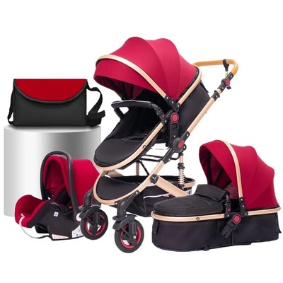 Luxus 3-in-1 Kinderwagen faltbar Reisebuggy hoch Sitz Neugeborene Alu ROT