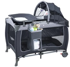 Pamo Babe Baby Play Yard w/ Bassinet Changing Table Wheels Canopy Grey 3-in-1